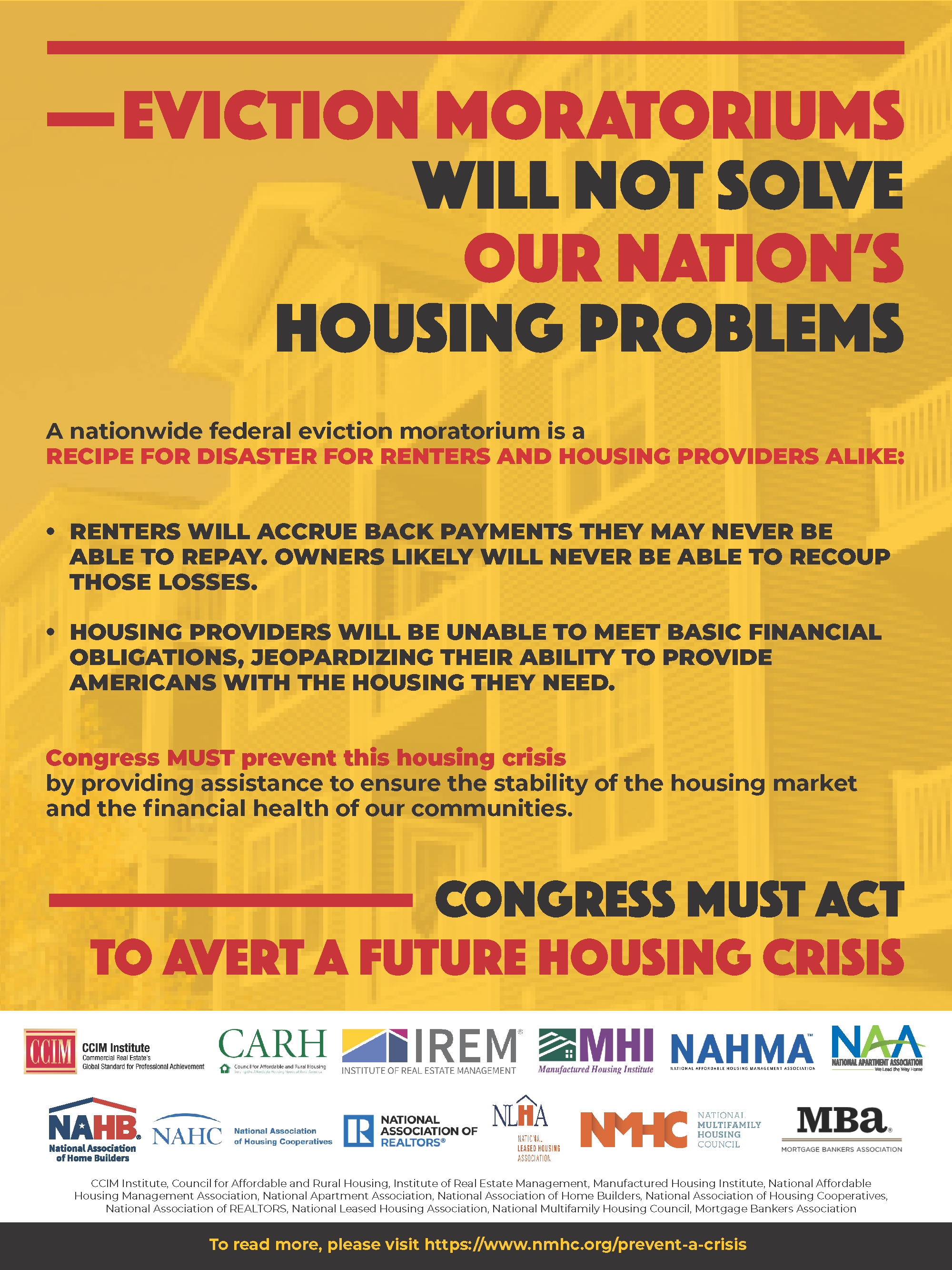 Yellow Advertisement that reads: Eviction moratoriums will not save our nation's housing problems.