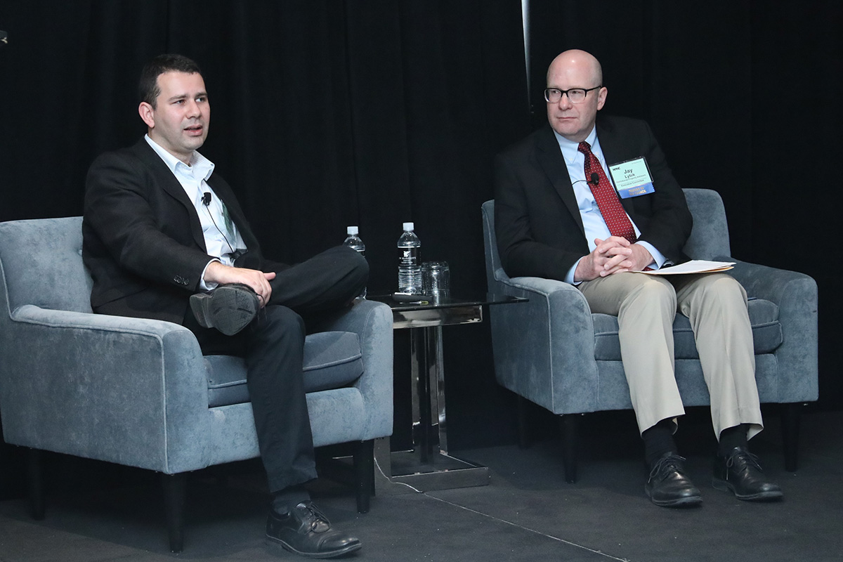 Moderator Jim Costello of Real Capital Analytics (left) speaks with (left to right) Mike McRoberts of PGIM, Steve Fried of Mesa West, Philip Martin of Waterton and Katie Bloom of Goldman Sachs about capital markets.
