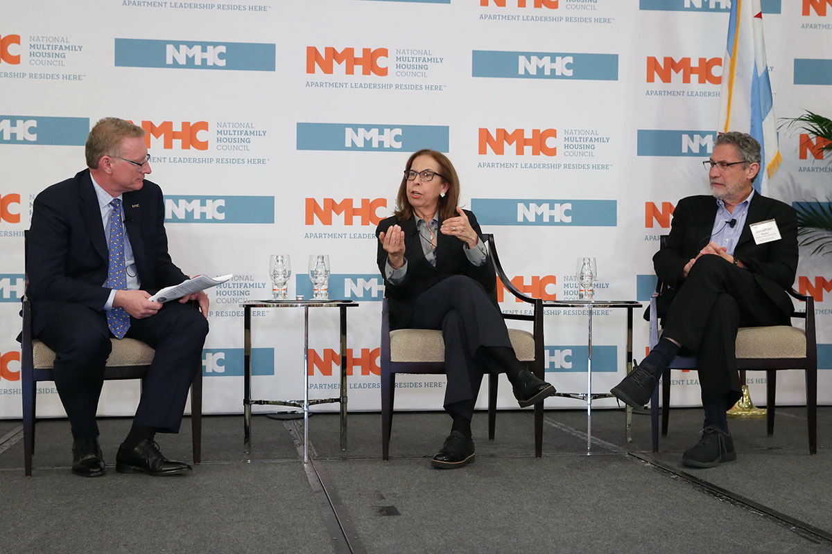 NMHC COO Kenny Emson (left) discusses impact investing with Afsaneh Beschloss (center), Founder and CEO of RockCreek, and Jonathan Rose (right), President of Jonathan Rose Companies.