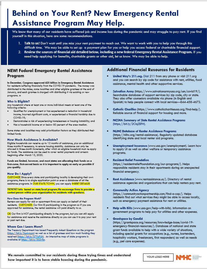 Template for property managers to share with residents regarding getting rental assistance